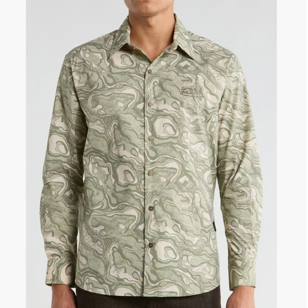 Von Dutch Olive and Cream Patterned Button Down Shirt Medium New